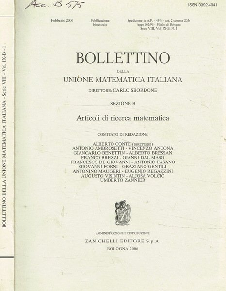 Bollettino della unione matematica italiana . Vol.VIII, fasc.I, anno 2006 | Immagine principale