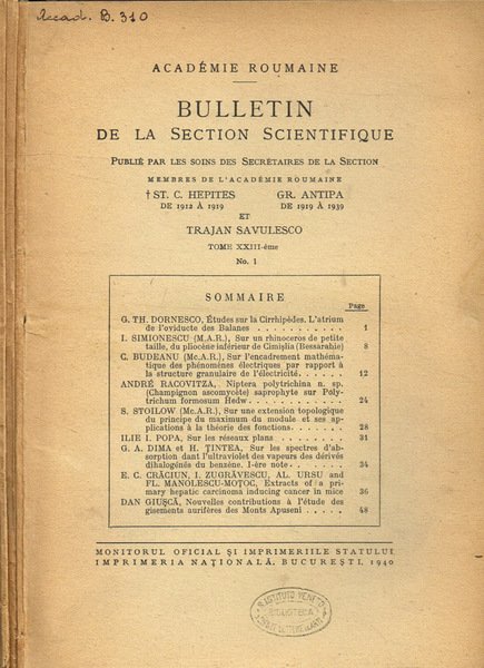 Academie roumaine. Bullettin de la section scientifique tome XXIII, fasc.1, …