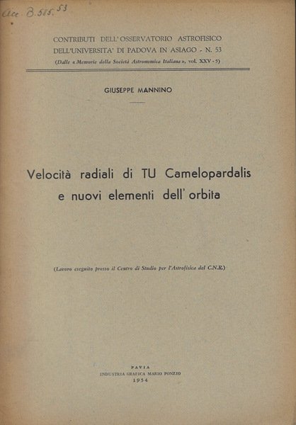 Velocità radiali di TU Camelopardalis e nuovi elementi dell'orbita