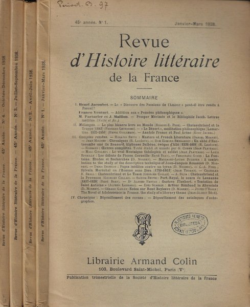 Revue d'Histoire litteraire de la France Anno 1938 | Immagine principale