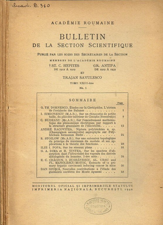 Academie roumaine. Bullettin de la section scientifique tome XXIII, fasc.1, …