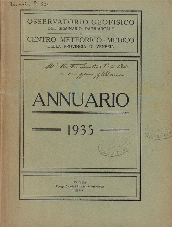 Annuario 1935 dell'Osservatorio Geofisico e Centro Meteorico-Medico