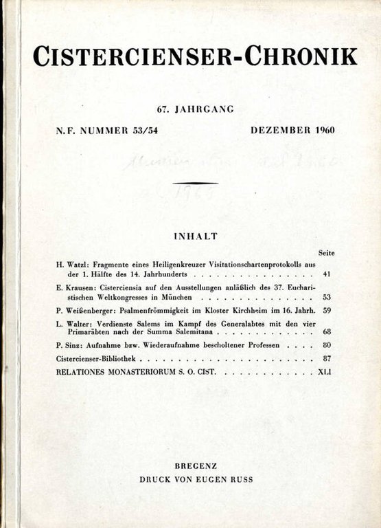 CISTERCIENSER-CHRONIK n.53/54 del 1960 | Immagine Gallery 2