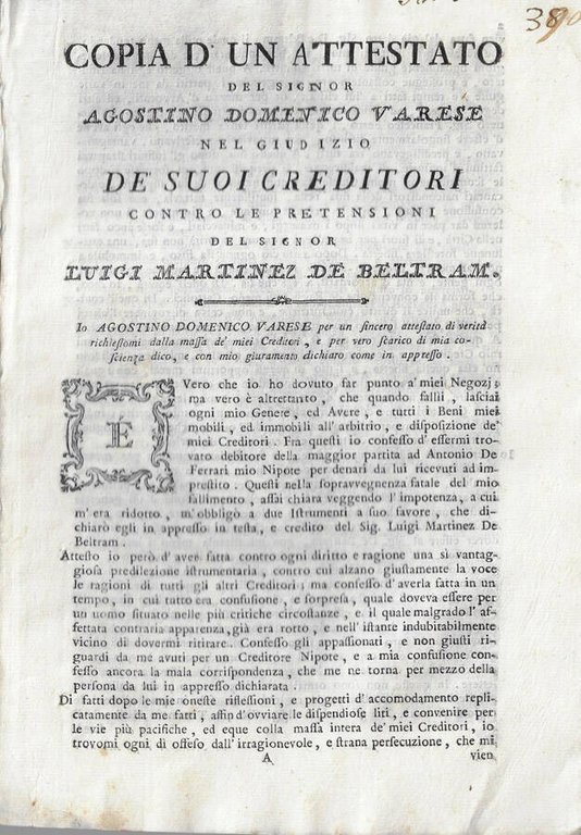 Copia d'un attestato del Signor Agostino Domenico Varese nel giudizio …
