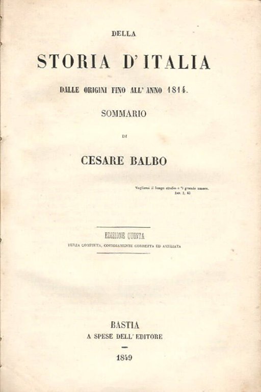 Della Storia d'Italia dalle origini fino all'anno 1814. Sommario