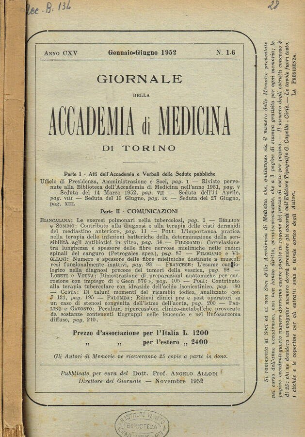 Giornale della Accademia di medicina di Torino. Anno CXV, 1952