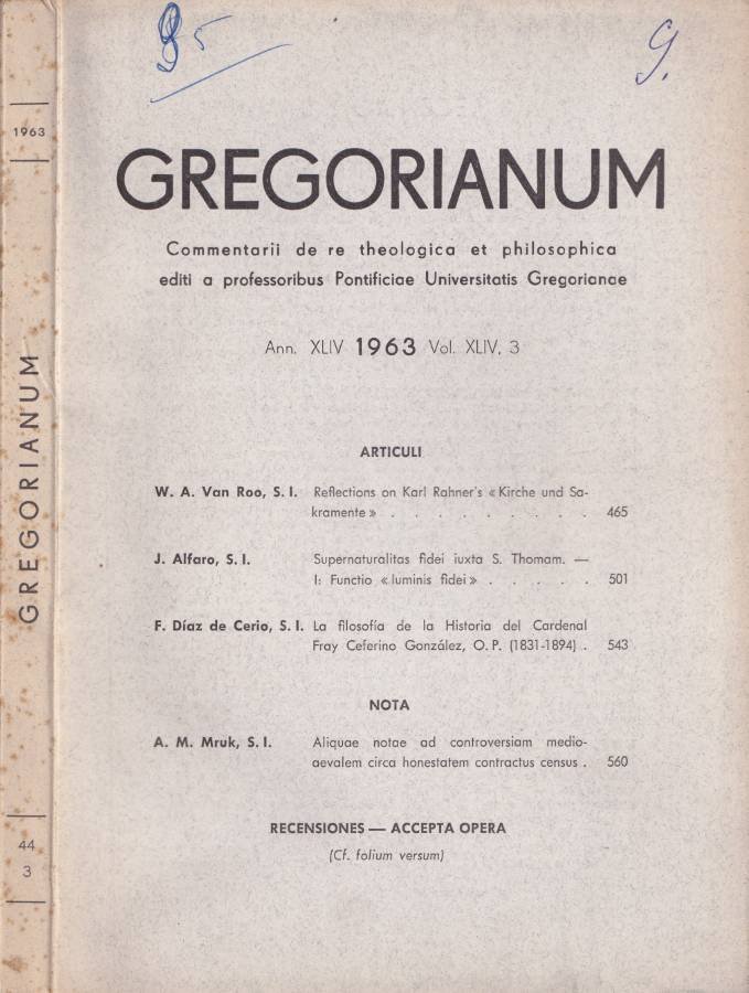 Gregorianum, ann. XLIV, 1963, vol. XLIV, 3 | Immagine principale