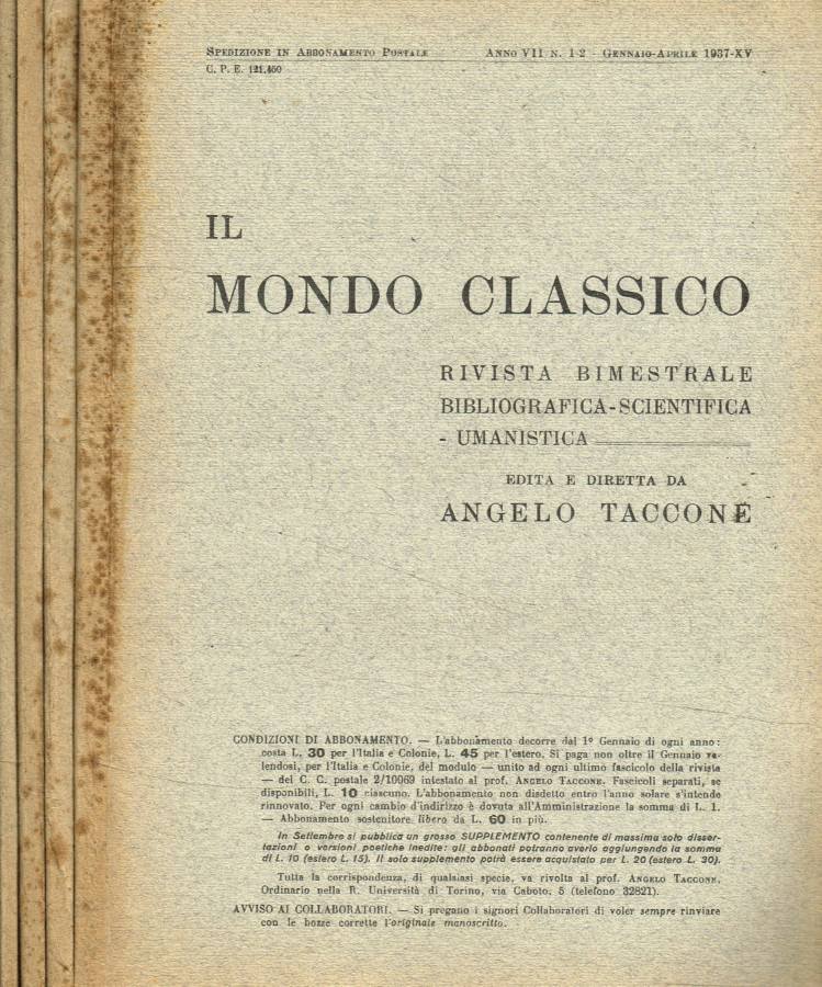 Il Mondo Classico. Rivista bimestrale bibliografica scientifica umanistica, anno 1937+ … | Immagine principale