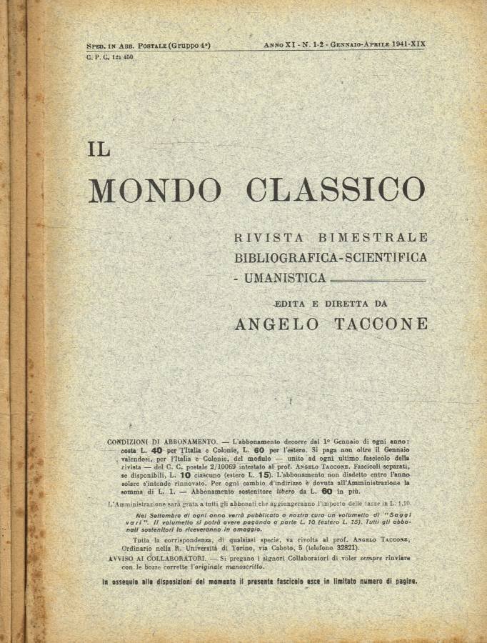 Il Mondo Classico. Rivista bimestrale bibliografica scientifica umanistica, anno 1941 | Immagine principale