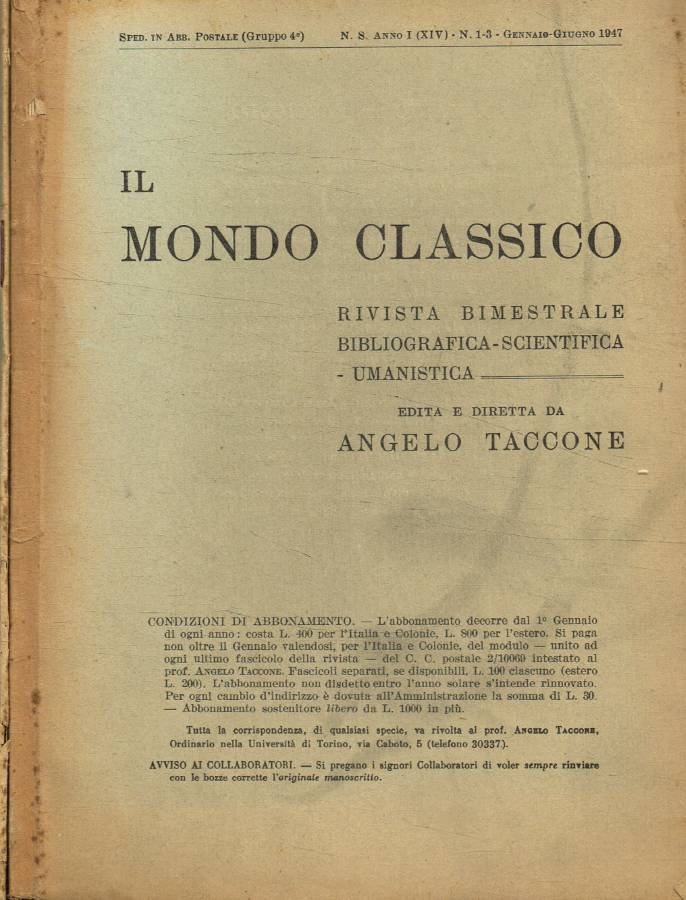 Il Mondo Classico. Rivista bimestrale bibliografica scientifica umanistica, anno 1947 | Immagine principale