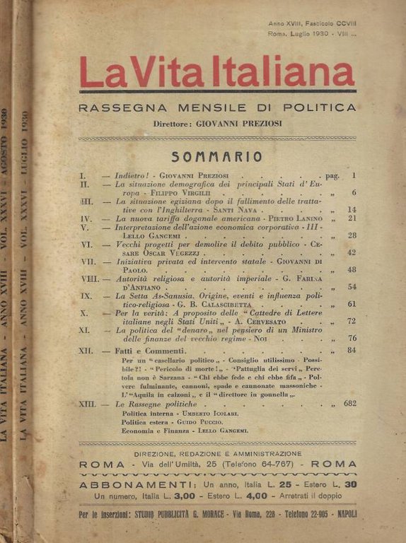 La Vita Italiana fasc. CCVIII-CCIX Anno 1930