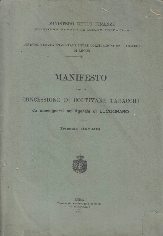 Manifesto per la concessione di coltivare tabacchi da consegnarsi nell'agenzia … | Immagine principale
