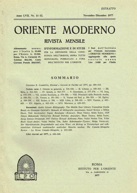 ORIENTE MODERNO ANNO LVII N.11-12 ESTRATTO