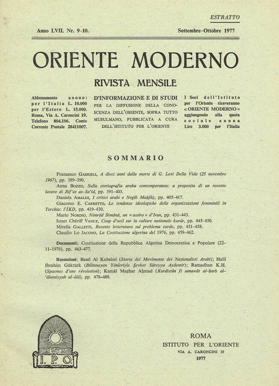 ORIENTE MODERNO ANNO LVII N.9-10 ESTRATTO