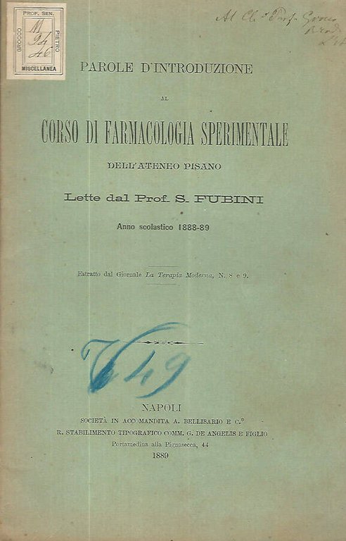 Parole d'introduzione al corso di farmacologia sperimentale dell'ateneo pisano anno …