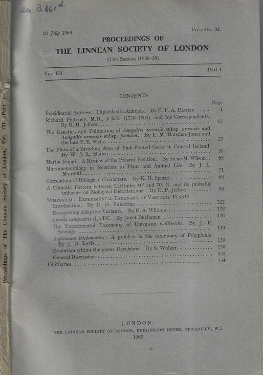 Proceedings of the Linnean Society of London Vol. 1751part. I …