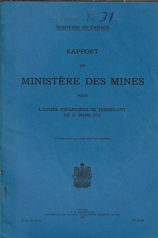 Rapport du Ministère des Mines pour l'année financière se terminant …