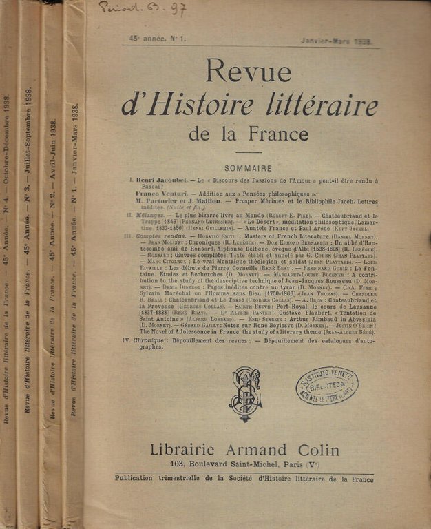 Revue d'Histoire litteraire de la France Anno 1938 | Immagine Gallery 2