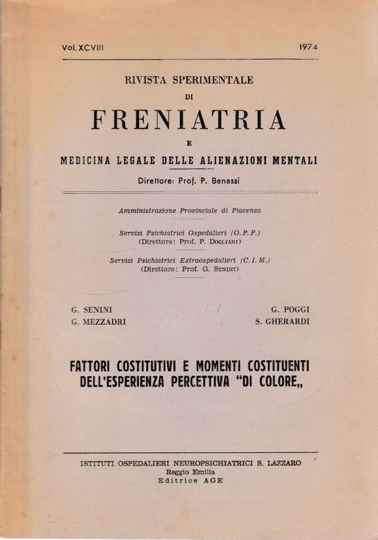 Rivista sperimentale di freniatria e medicina legale delle alienazioni mentali vol XCVIII, 1974