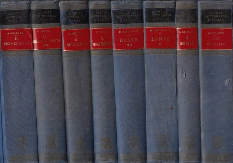 Storia Letteraria d'Italia. Vol. I (Le Origini; di Antonio Viscardi), Vol. II (Il Duecento; di Giulio Bertoni), Vol. III-Parte Prima (Dante. Storia della Commedia; di Mario Apollonio), Vol. III-Parte Seconda (Dante. Storia della Commedia; di Mario Apollon