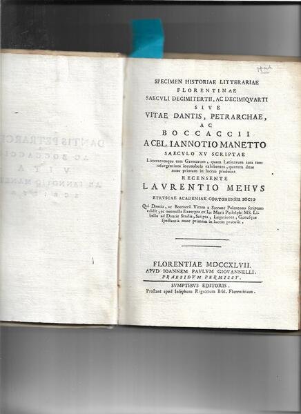 Specimen historiae litterariae Florentinae saeculi decimitertii. ac decimiquarti sive Vitae … | Immagine principale