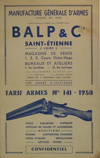 Manufacture générale d’armes Balp & cie - tarif n° 141 …