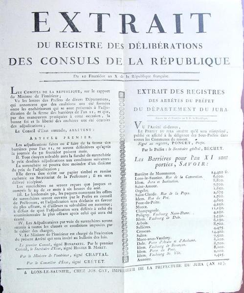 Extrait du registre des délibérations des Consuls de la République. …