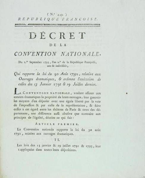 Décret de la Convention Nationale du 1er Septembre 1793, l’an …