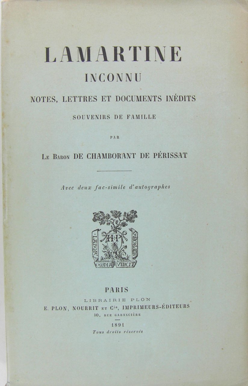 Lamartine inconnu - Notes, Lettres, et Documents inédits - Souvenirs … | Immagine principale