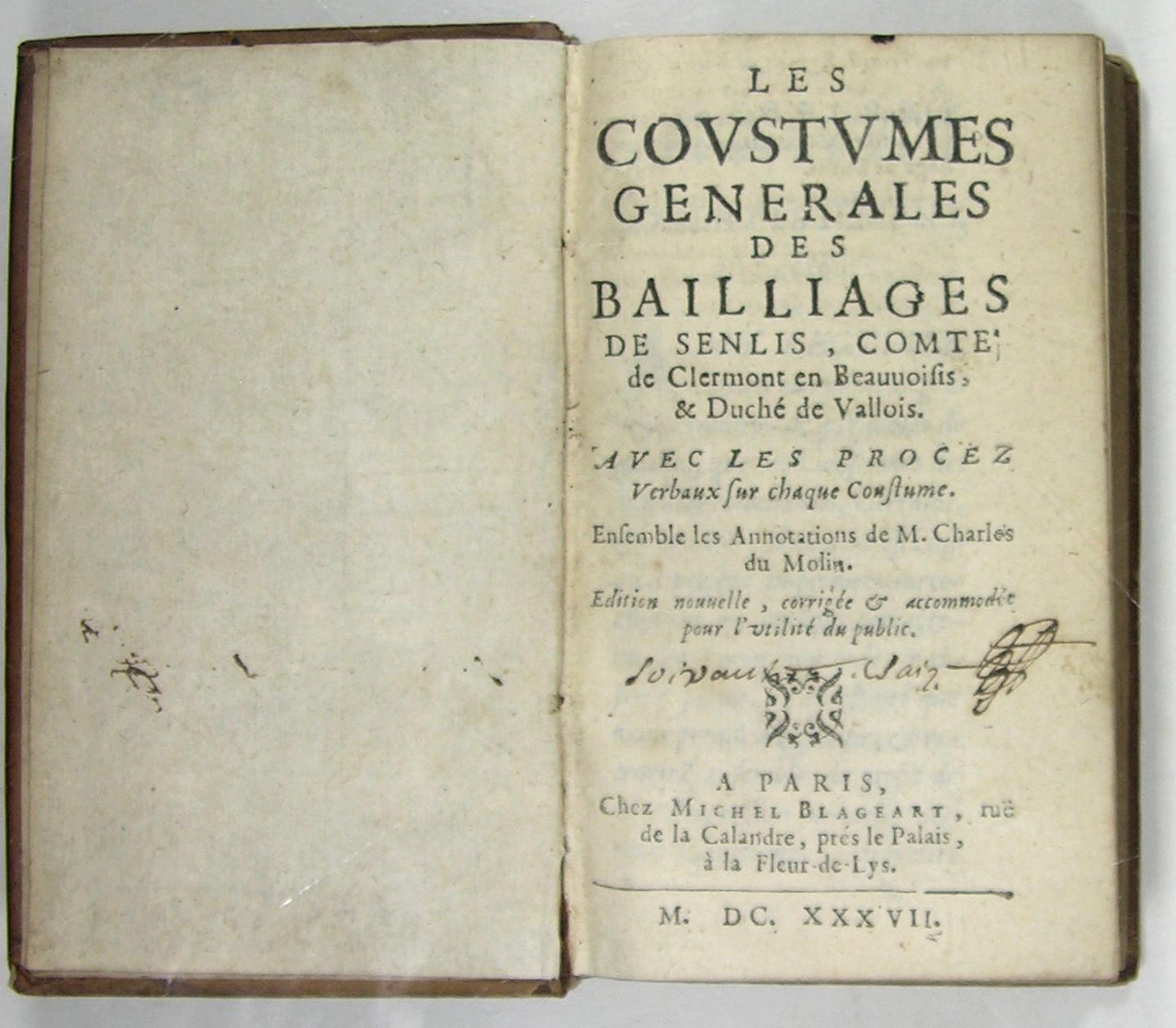 Les coustumes générales des Bailliages de Senlis, Comte de Clermont … | Immagine principale