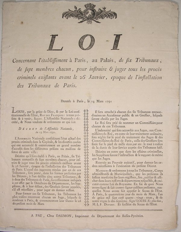 Loi concernant l'établissement à Paris, au Palais, de six Tribunaux, …