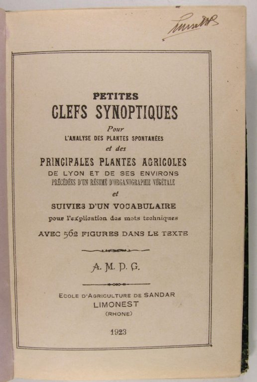 Petites clefs synoptiques pour l'analyse des plantes spontanées et principales …