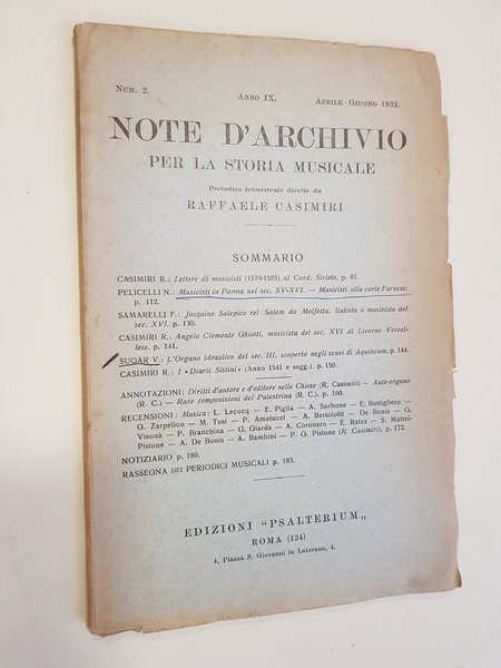 Note d'Archivio per la Storia Musicale. Num. 2, Anno IX, …