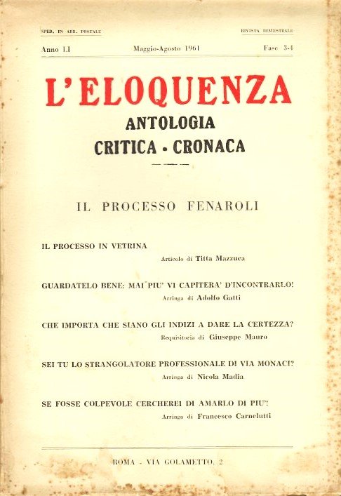 L’Eloquenza. Antologia: critica, cronaca. Il processo Fenaroli.