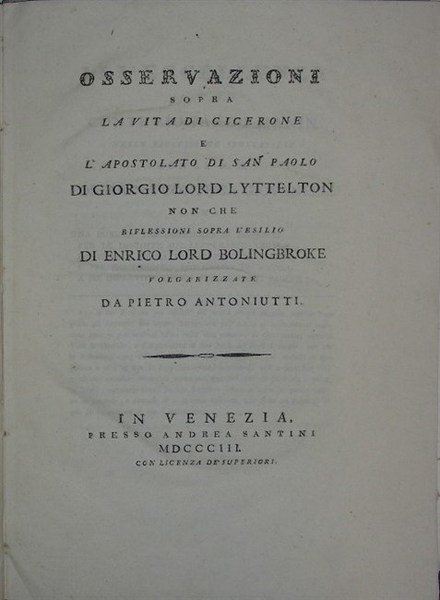 OSSERVAZIONI SOPRA LA VITA DI CICERONE E L'APOSTOLATO DI S. …
