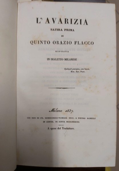 [OPUSCOLI VARI]. L'ARTE POETICA DI Quinto Orazio Flacco esposta in …