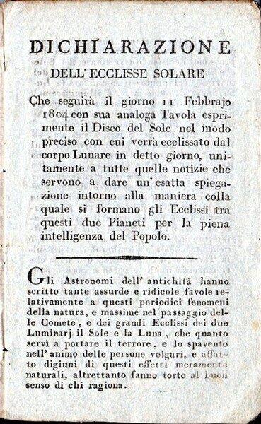 DICHIARAZIONE DELL'ECCLISSE SOLARE che seguirà il giorno 11 Febbrajo 1804.