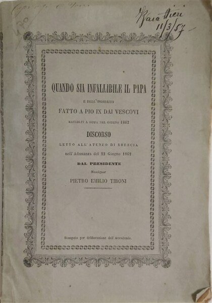 QUANDO SIA INFALLIBILE IL PAPA e dell'indirizzo fatto a Pio …