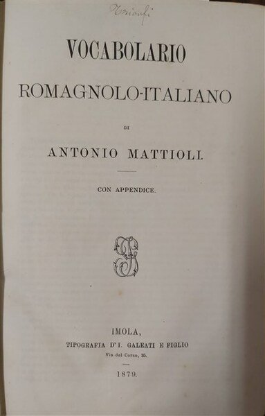 VOCABOLARIO ROMAGNOLO-ITALIANO. Con appendice. | Immagine principale