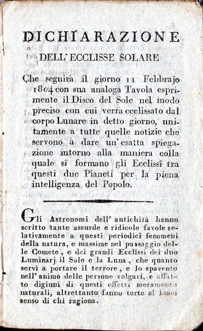 DICHIARAZIONE DELL'ECCLISSE SOLARE che seguirà il giorno 11 Febbrajo 1804.