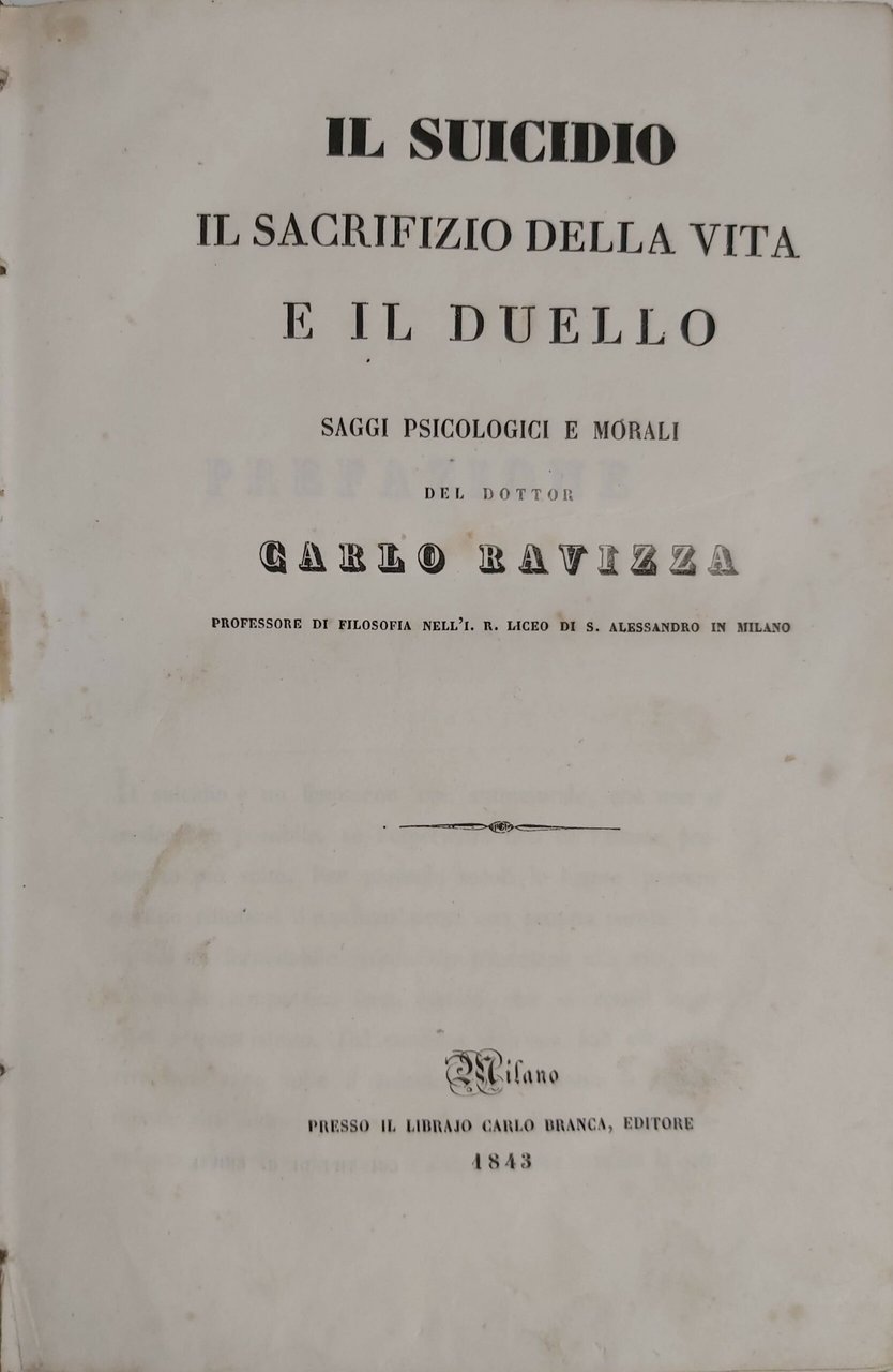 IL SUICIDIO, il sacrifizio della vita e il duello. Saggi …