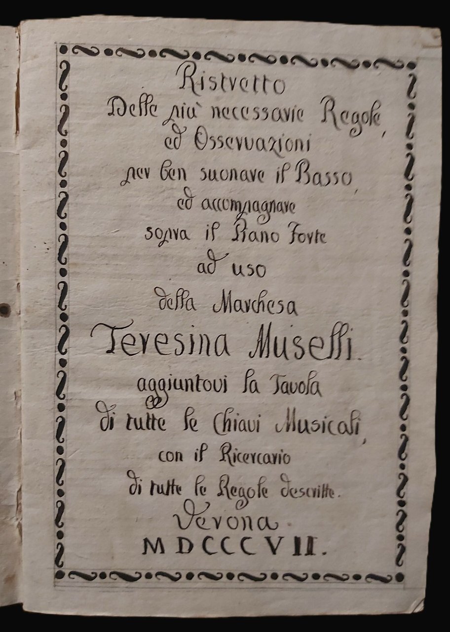 MANOSCRITTO MUSICALE recante il titolo: “Ristretto delle più necessarie regole …