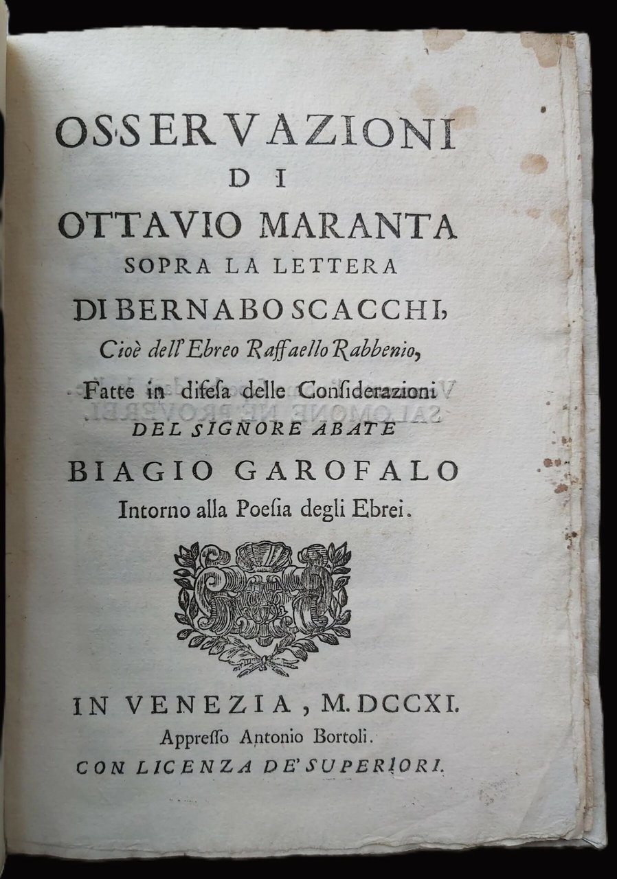 OSSERVAZIONI di. sopra la Lettera di Bernabò Scacchi cioé dell’Ebreo …