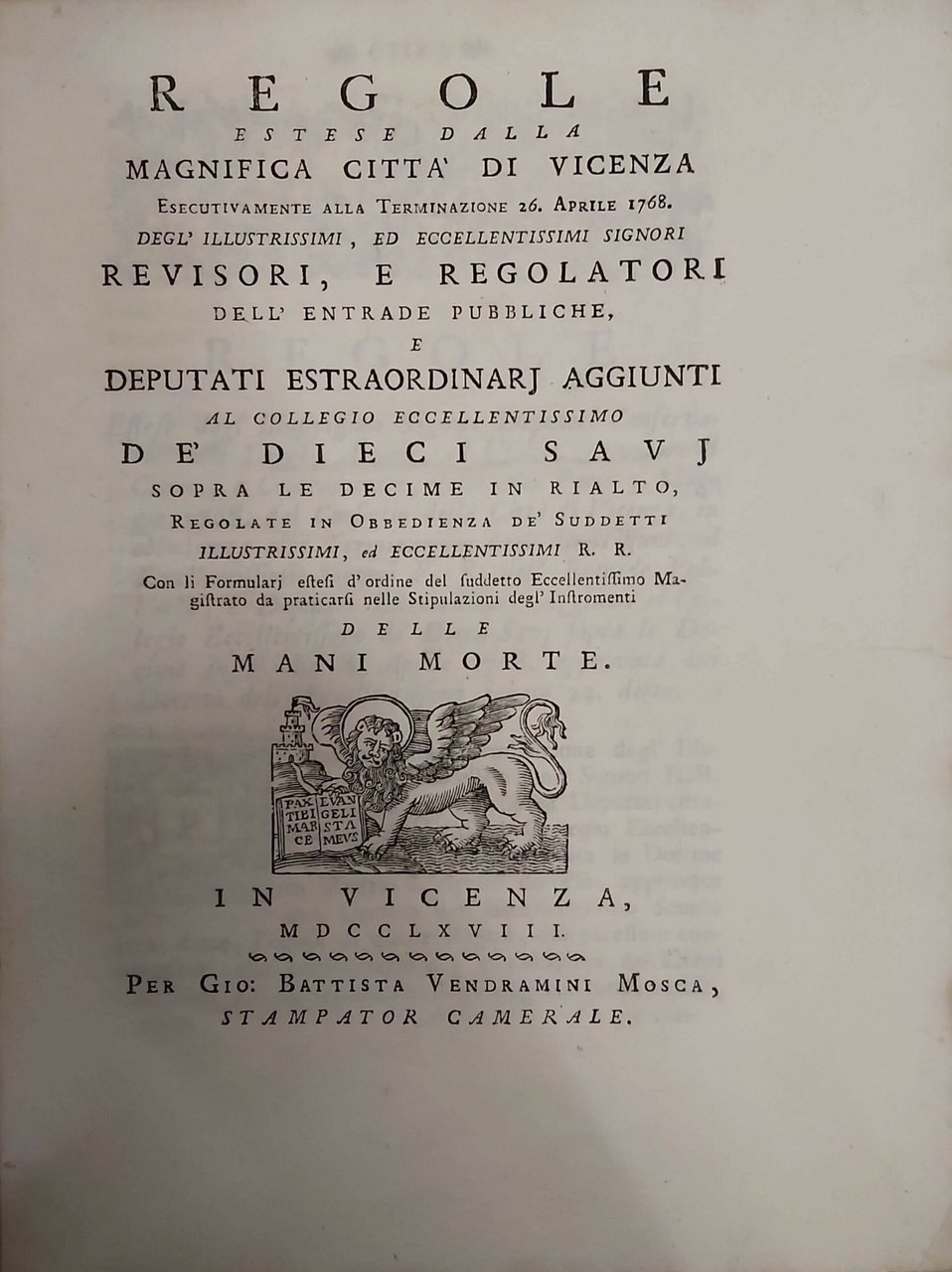 REGOLE ESTESE dalla Magnifica Città di Vicenza esecutivamente alla Terminazion … | Immagine principale