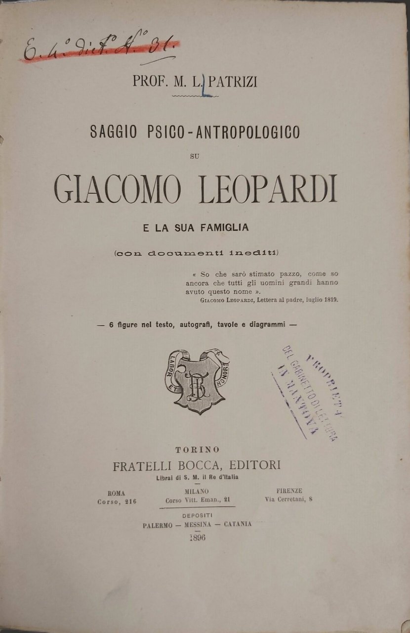 SAGGIO PSICO-ANTROPOLOGICO su Giacomo Leopardi e la sua famiglia (con …