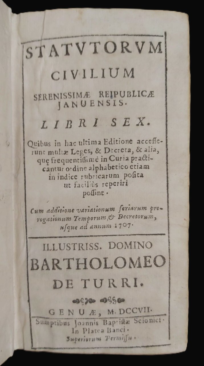 STATUTORUM CIVILIUM Serenissimae Reipublicae Januensis Libri sex. Quibus in hac …