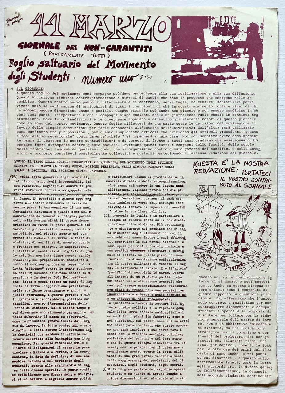 11 marzo. Giornale dei non garantiti (praticamente tutti). Foglio saltuario …