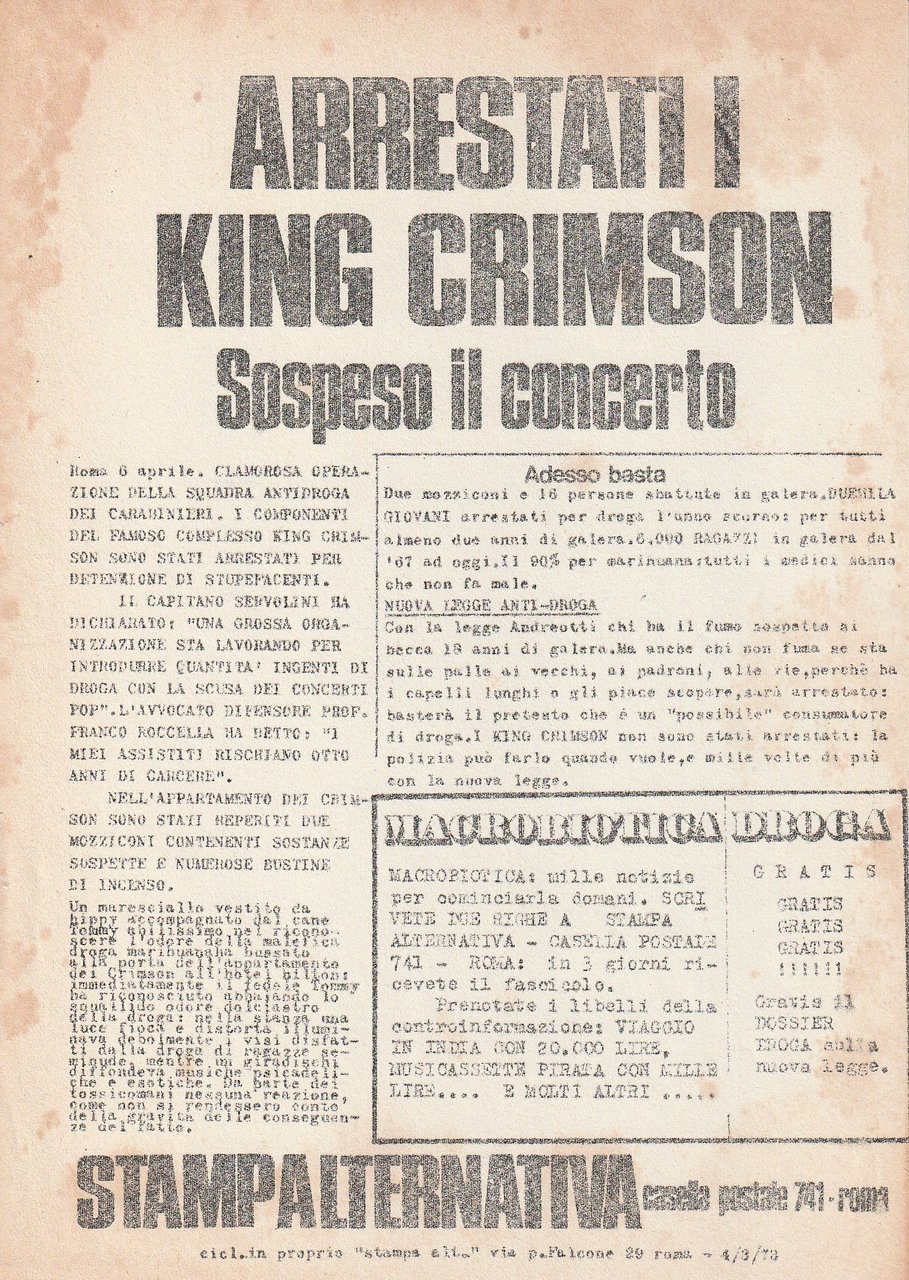 Arrestati i King Crimson. Sospeso il concerto