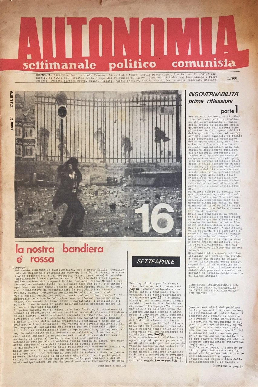 Autonomia. Settimanale politico comunista. Anno II. No. 16. 1 Novembre …