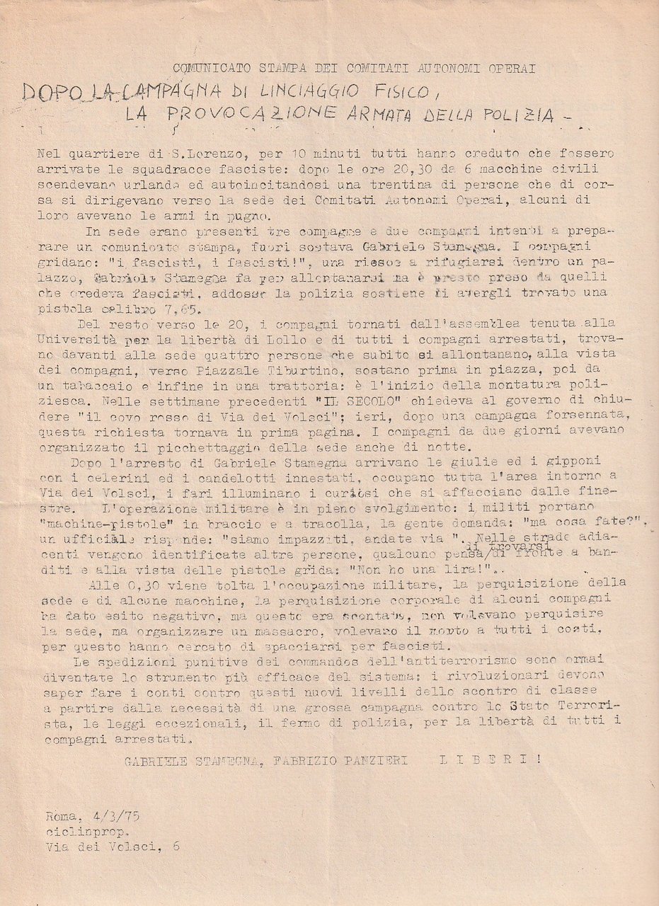Comunicato stampa dei Comitati Autonomi operai. Dopo la campagna di …